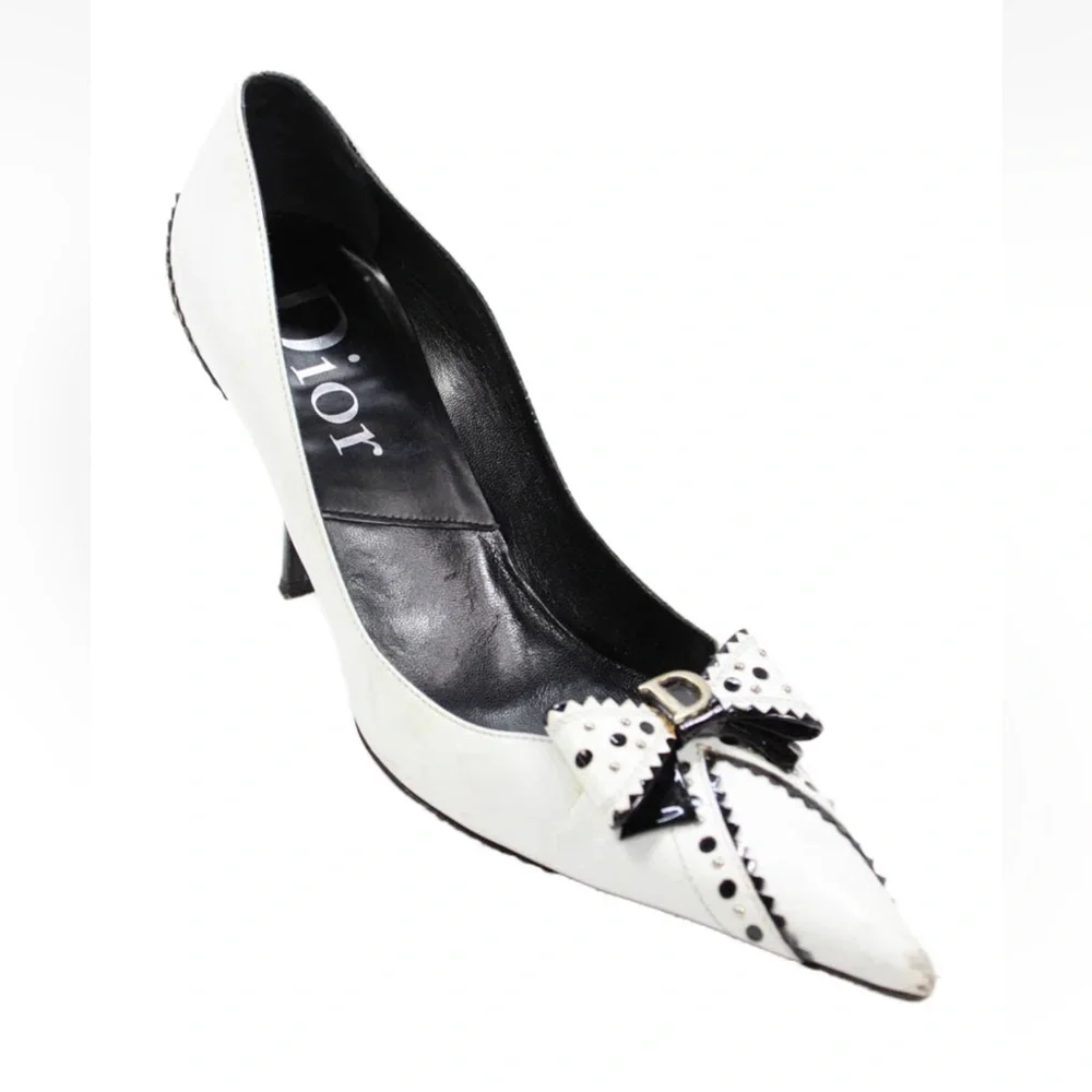 DIOR Womens Pointed Toe Bow Front Gold Tone High Heels White Size EUR 37.5 - Picture 1 of 12